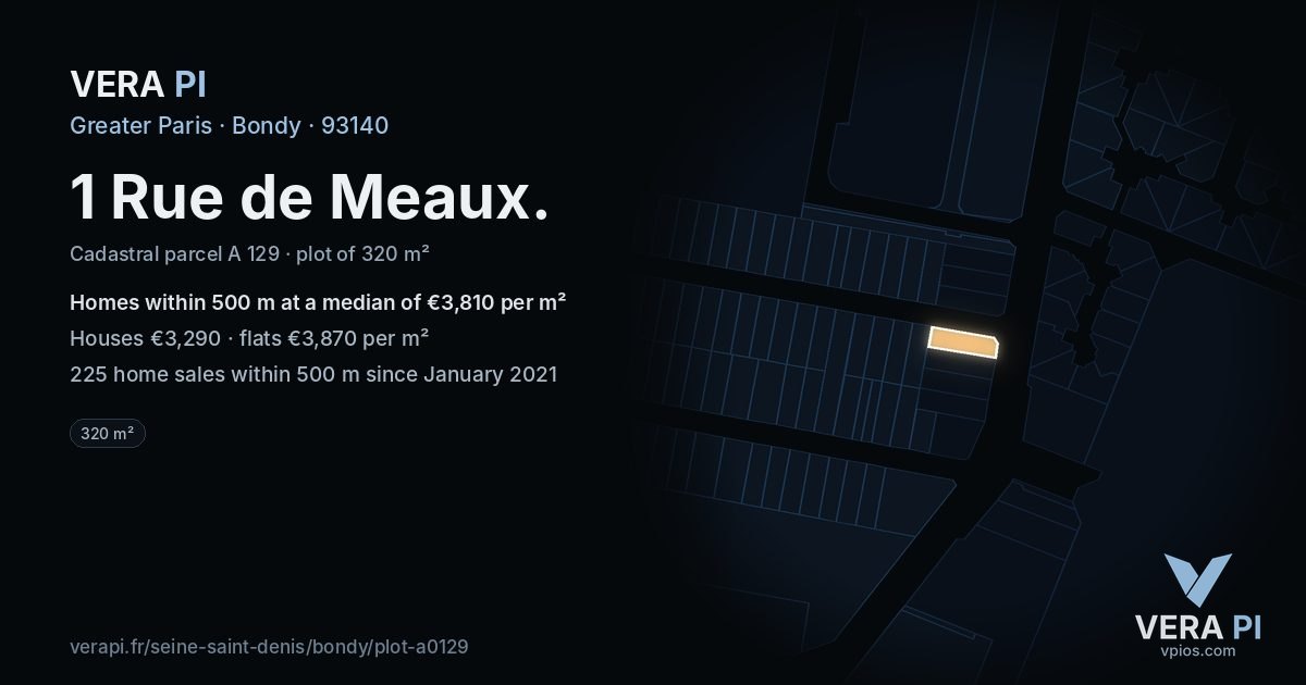 1 Rue de Meaux, Bondy at night – the plot lit, the parcels around coloured by the prices near them