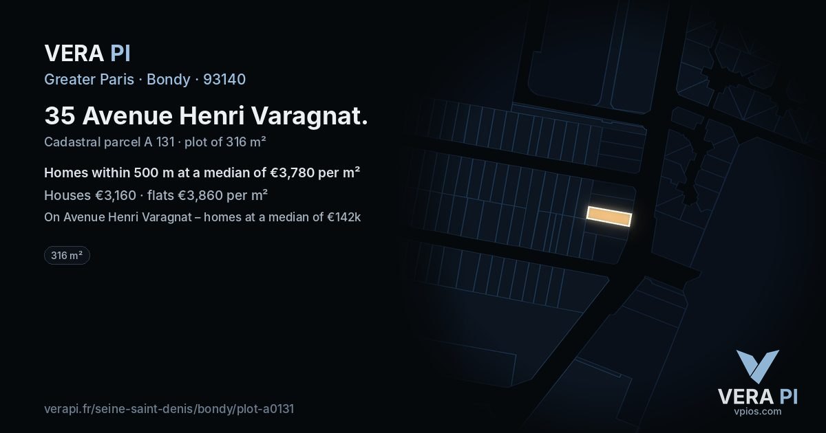 35 Avenue Henri Varagnat, Bondy at night – the plot lit, the parcels around coloured by the prices near them