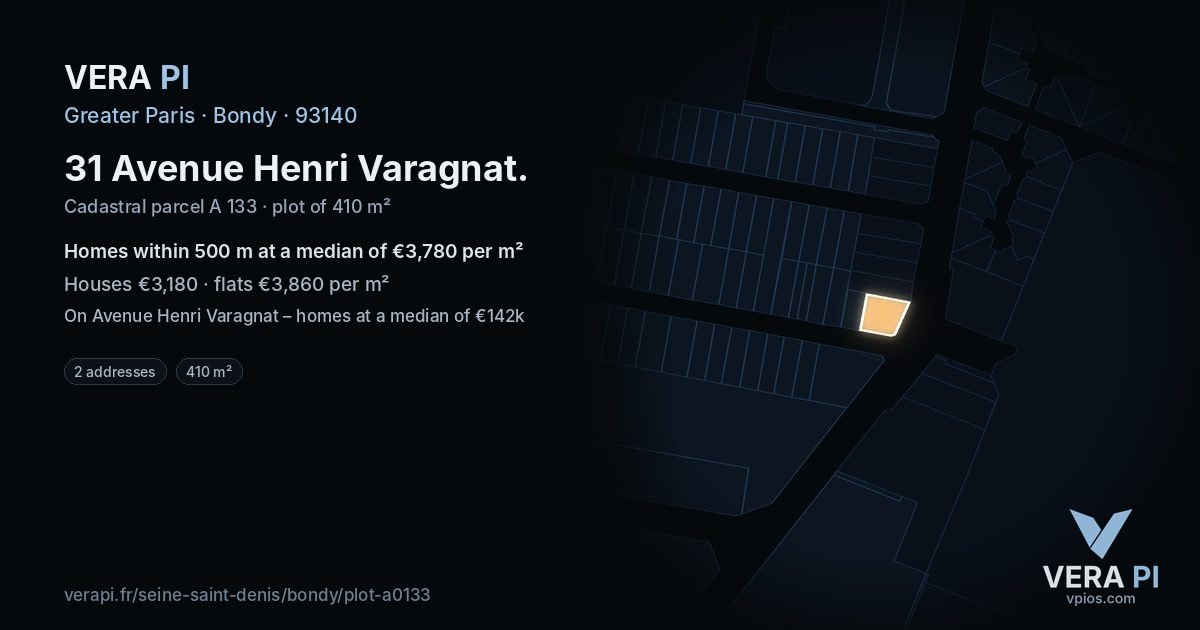 31 Avenue Henri Varagnat, Bondy at night – the plot lit, the parcels around coloured by the prices near them