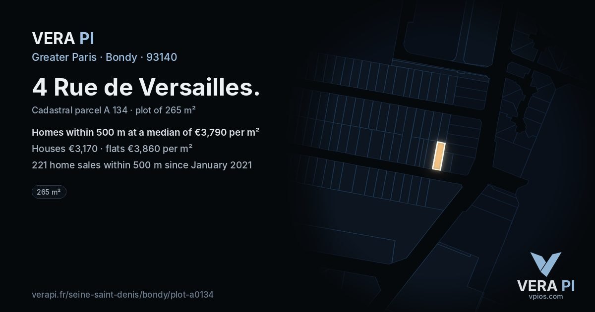 4 Rue de Versailles, Bondy at night – the plot lit, the parcels around coloured by the prices near them