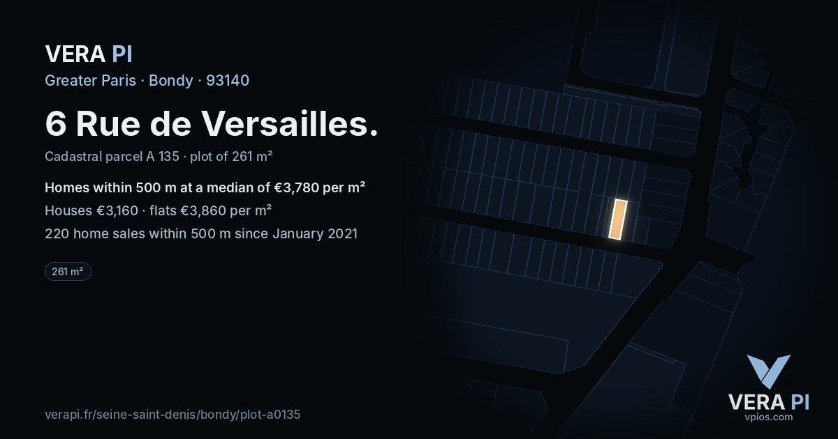 6 Rue de Versailles, Bondy at night – the plot lit, the parcels around coloured by the prices near them