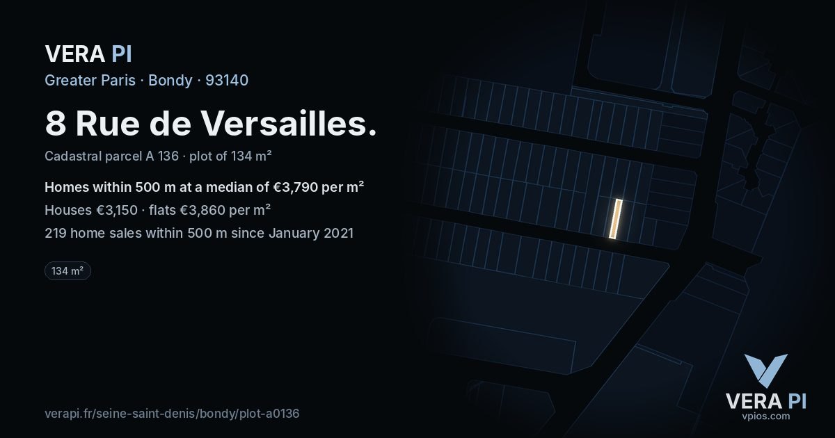 8 Rue de Versailles, Bondy at night – the plot lit, the parcels around coloured by the prices near them