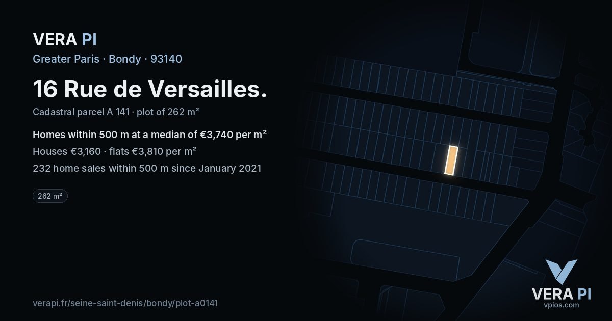 16 Rue de Versailles, Bondy at night – the plot lit, the parcels around coloured by the prices near them