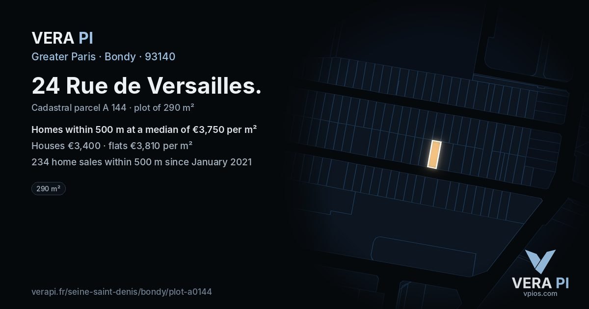 24 Rue de Versailles, Bondy at night – the plot lit, the parcels around coloured by the prices near them