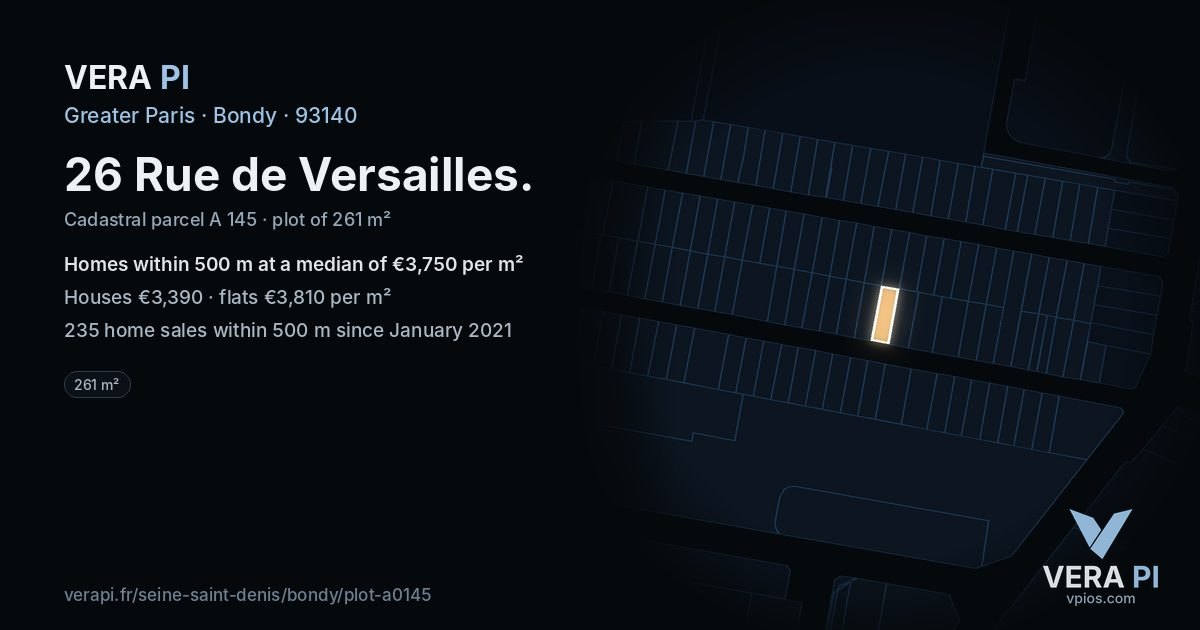 26 Rue de Versailles, Bondy at night – the plot lit, the parcels around coloured by the prices near them