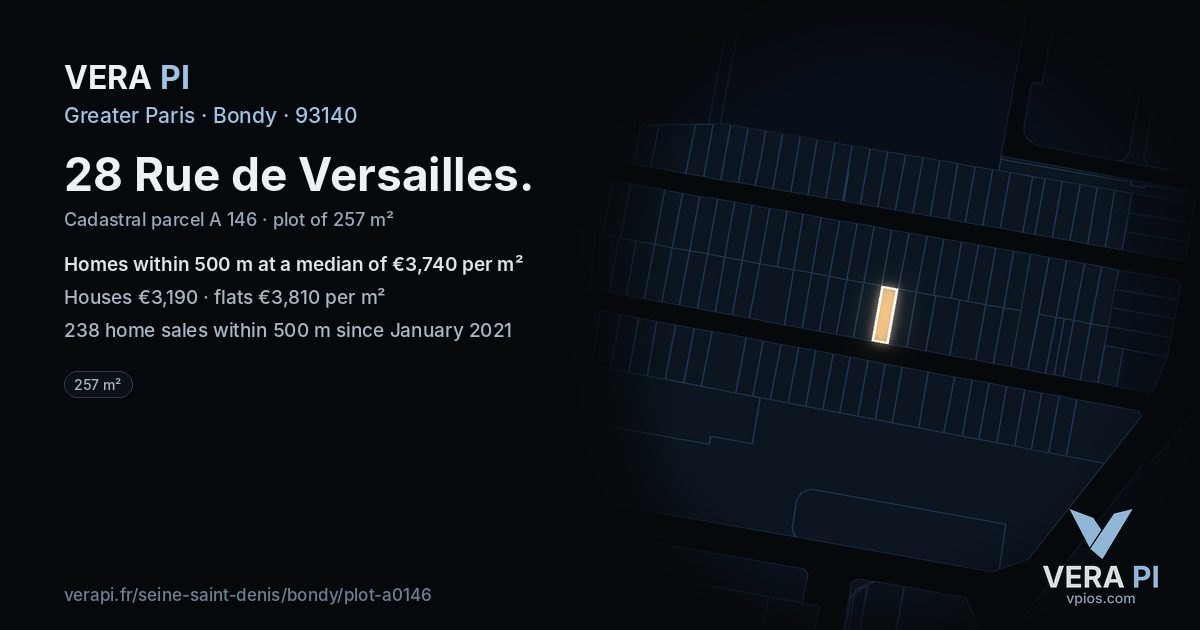 28 Rue de Versailles, Bondy at night – the plot lit, the parcels around coloured by the prices near them