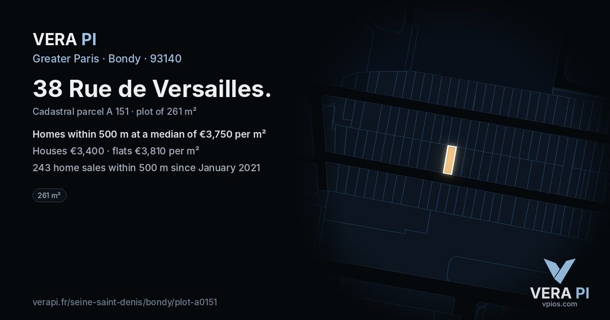 38 Rue de Versailles, Bondy at night – the plot lit, the parcels around coloured by the prices near them