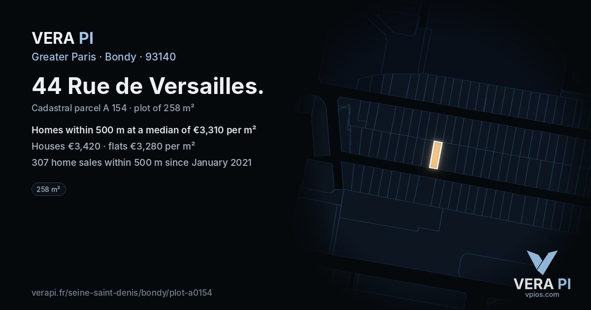 44 Rue de Versailles, Bondy at night – the plot lit, the parcels around coloured by the prices near them
