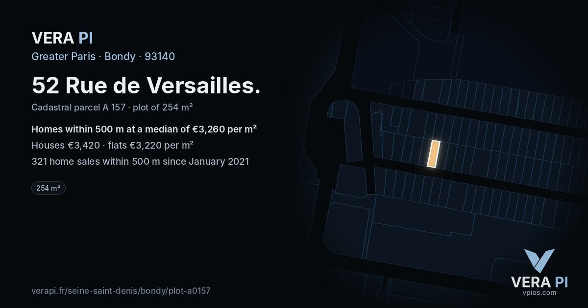 52 Rue de Versailles, Bondy at night – the plot lit, the parcels around coloured by the prices near them