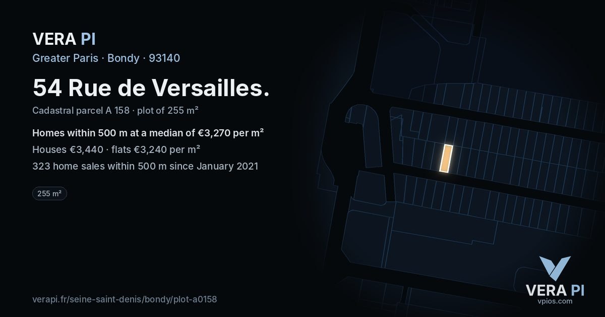 54 Rue de Versailles, Bondy at night – the plot lit, the parcels around coloured by the prices near them