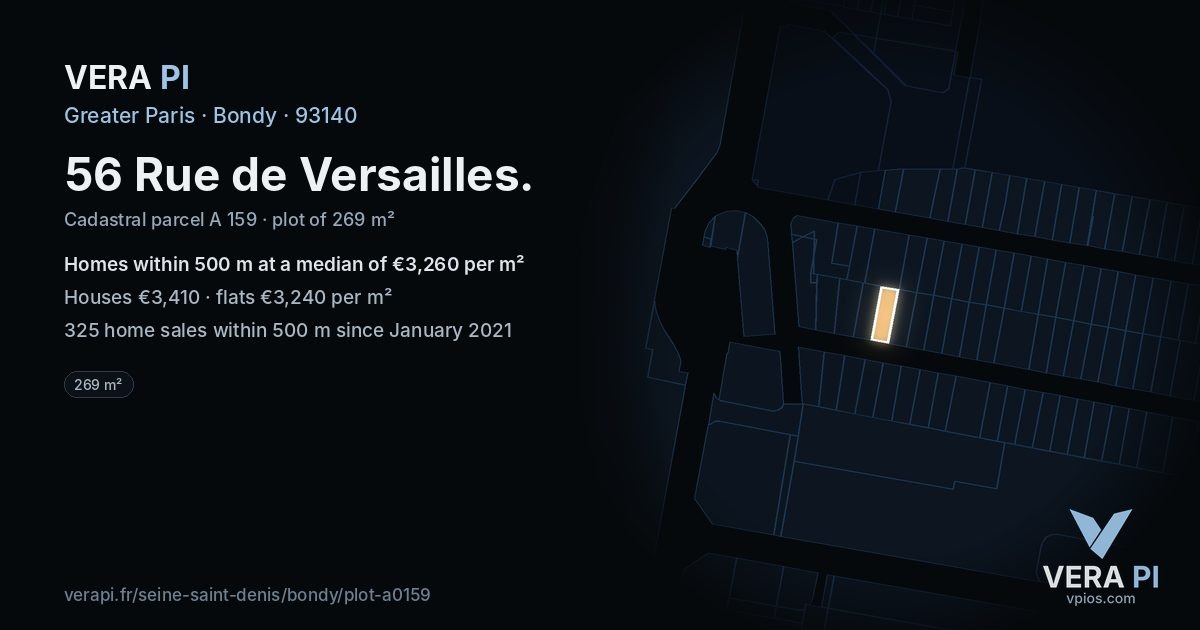 56 Rue de Versailles, Bondy at night – the plot lit, the parcels around coloured by the prices near them