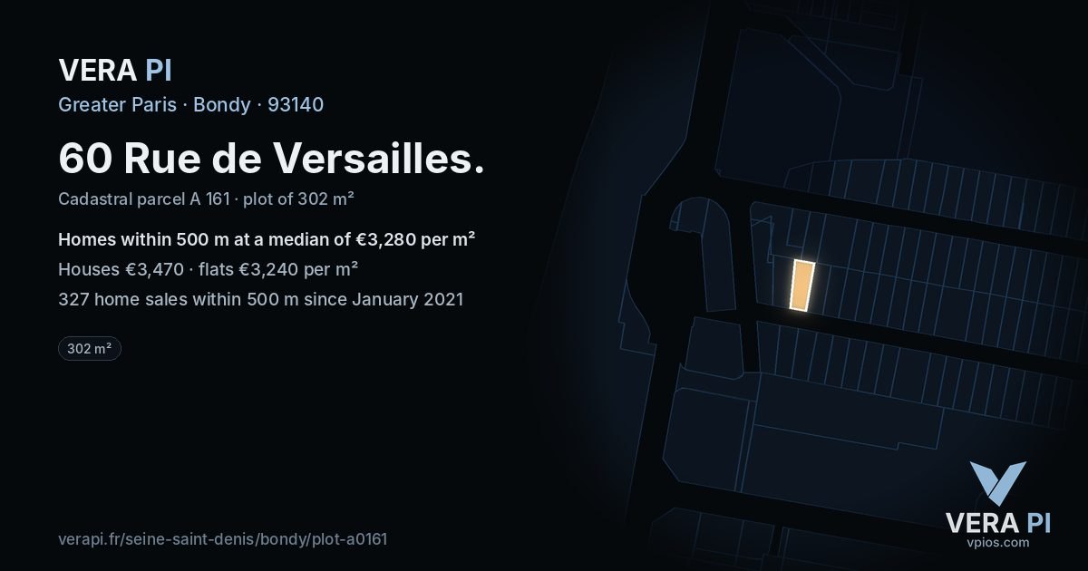 60 Rue de Versailles, Bondy at night – the plot lit, the parcels around coloured by the prices near them
