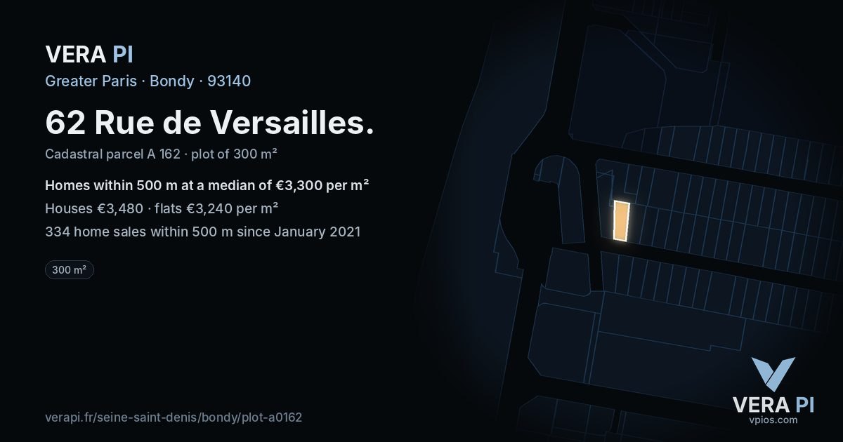 62 Rue de Versailles, Bondy at night – the plot lit, the parcels around coloured by the prices near them