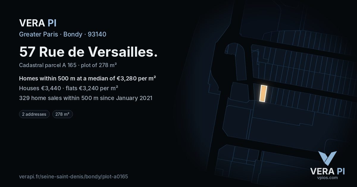57 Rue de Versailles, Bondy at night – the plot lit, the parcels around coloured by the prices near them