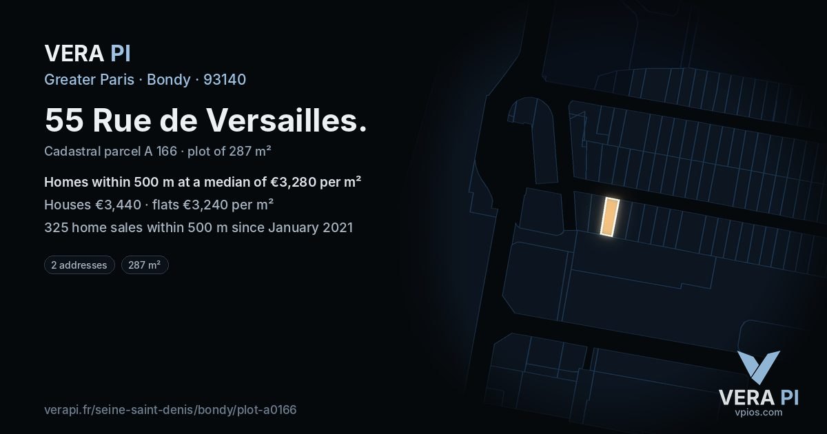 55 Rue de Versailles, Bondy at night – the plot lit, the parcels around coloured by the prices near them