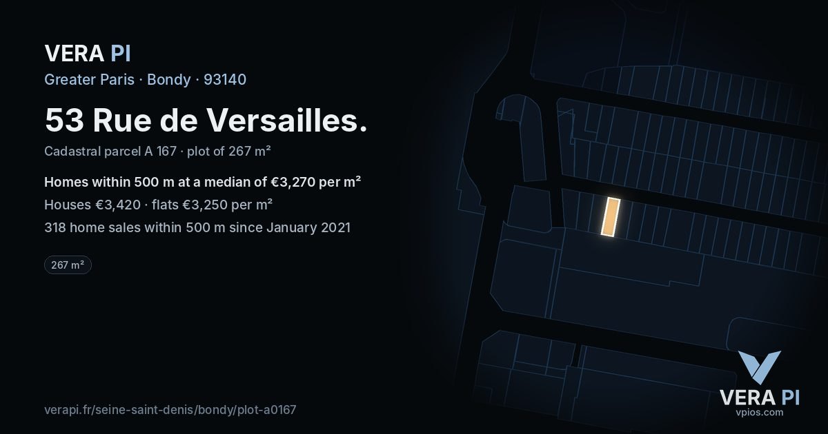 53 Rue de Versailles, Bondy at night – the plot lit, the parcels around coloured by the prices near them