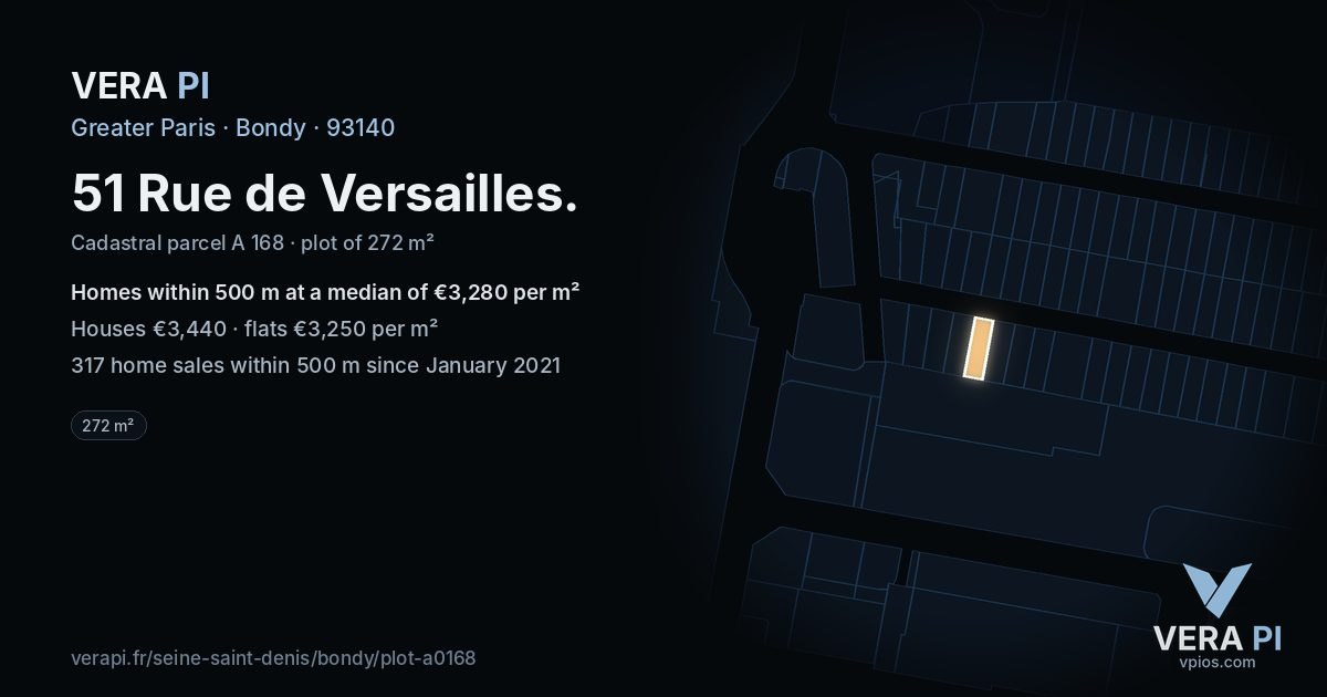 51 Rue de Versailles, Bondy at night – the plot lit, the parcels around coloured by the prices near them