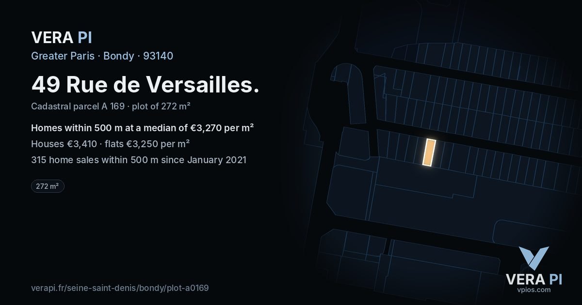 49 Rue de Versailles, Bondy at night – the plot lit, the parcels around coloured by the prices near them