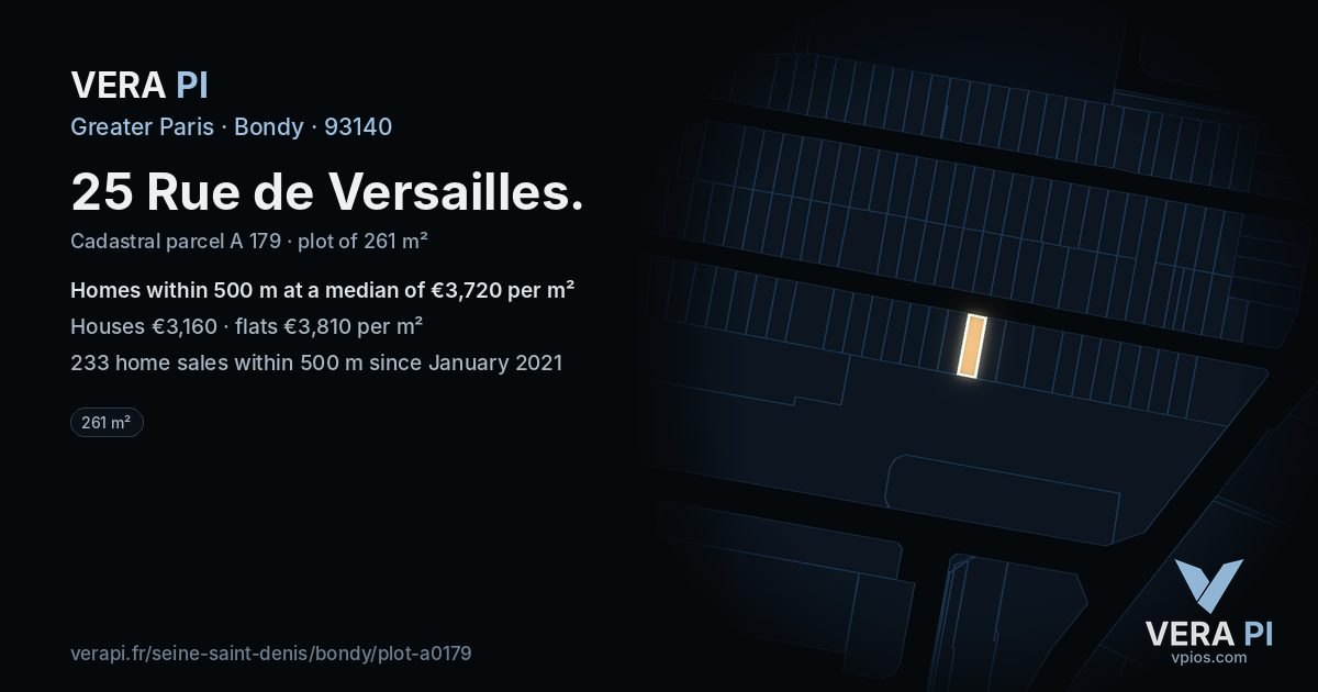 25 Rue de Versailles, Bondy at night – the plot lit, the parcels around coloured by the prices near them