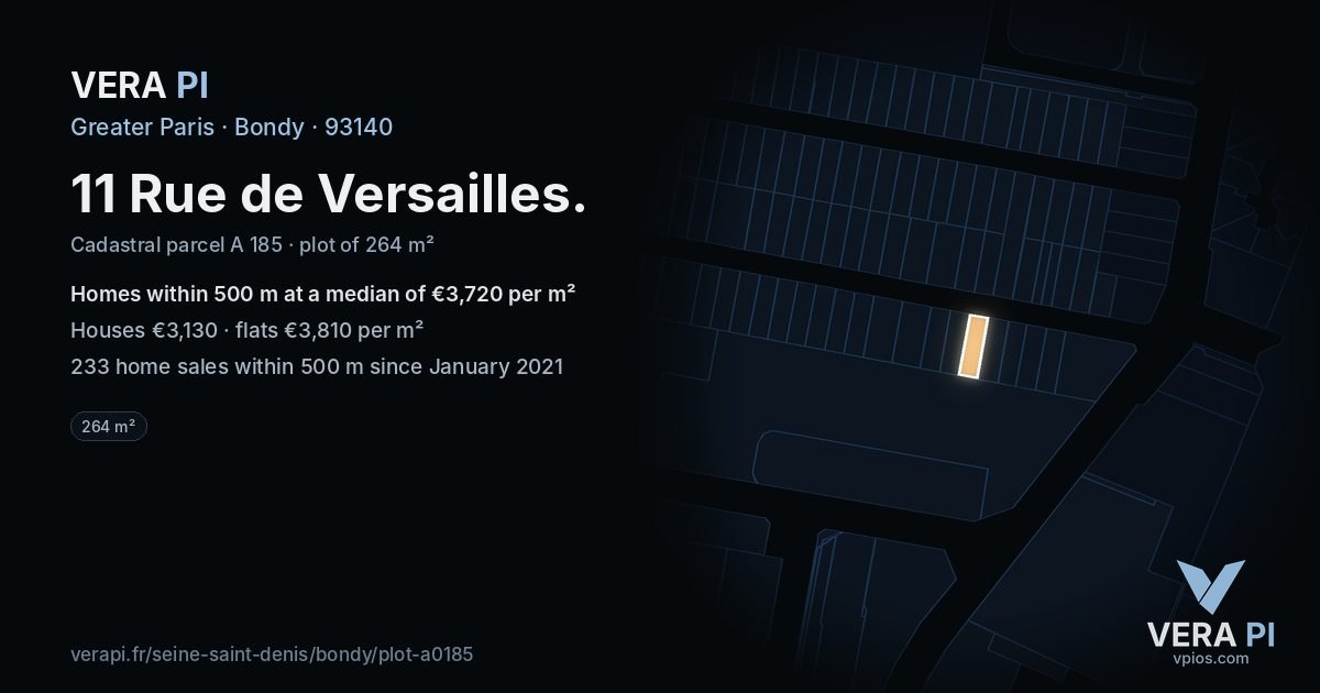 11 Rue de Versailles, Bondy at night – the plot lit, the parcels around coloured by the prices near them
