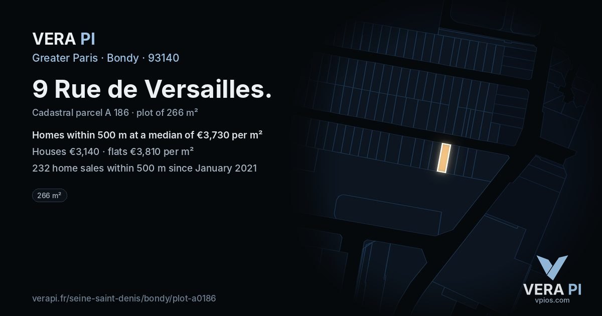 9 Rue de Versailles, Bondy at night – the plot lit, the parcels around coloured by the prices near them