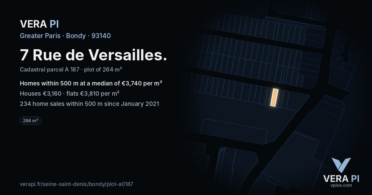 7 Rue de Versailles, Bondy at night – the plot lit, the parcels around coloured by the prices near them