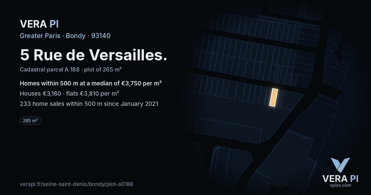 5 Rue de Versailles, Bondy at night – the plot lit, the parcels around coloured by the prices near them