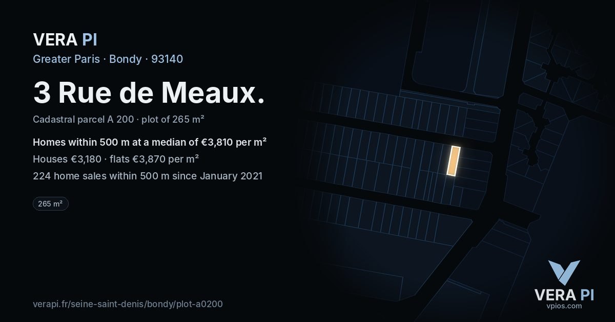 3 Rue de Meaux, Bondy at night – the plot lit, the parcels around coloured by the prices near them