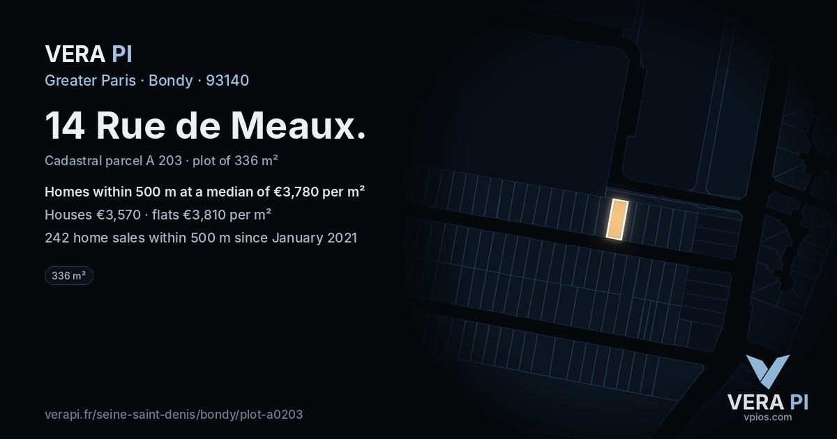 14 Rue de Meaux, Bondy at night – the plot lit, the parcels around coloured by the prices near them