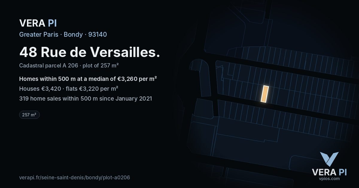 48 Rue de Versailles, Bondy at night – the plot lit, the parcels around coloured by the prices near them