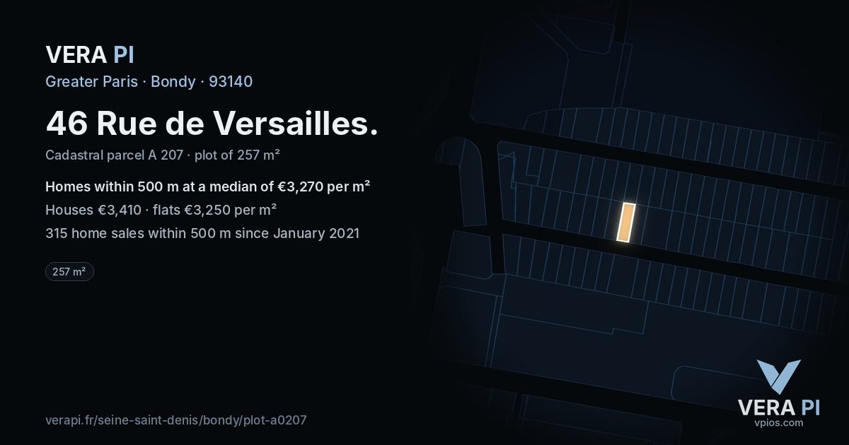46 Rue de Versailles, Bondy at night – the plot lit, the parcels around coloured by the prices near them