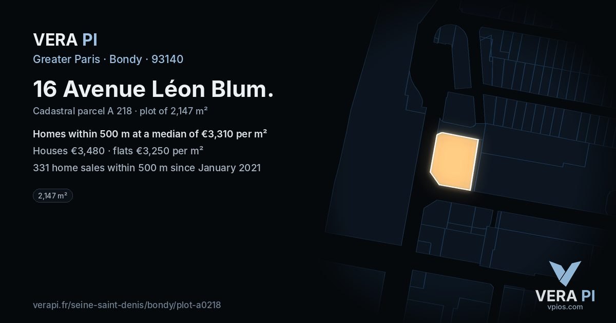16 Avenue Léon Blum, Bondy at night – the plot lit, the parcels around coloured by the prices near them