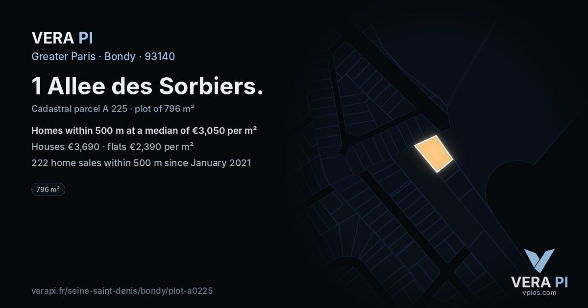 1 Allee des Sorbiers, Bondy at night – the plot lit, the parcels around coloured by the prices near them