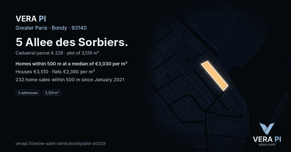 5 Allee des Sorbiers, Bondy at night – the plot lit, the parcels around coloured by the prices near them