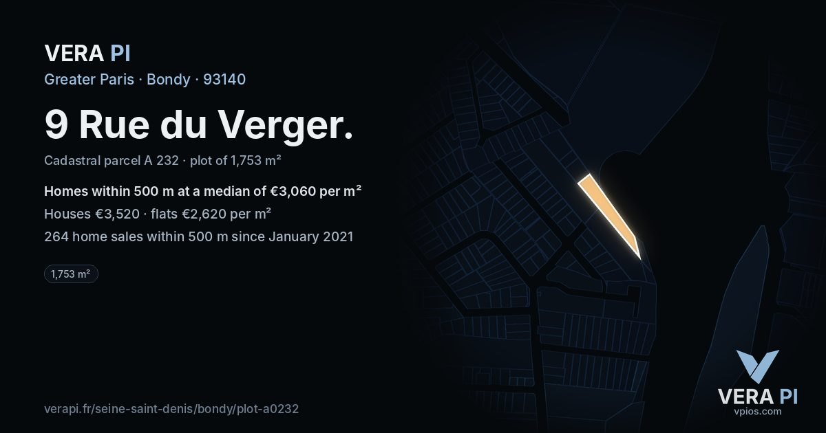 9 Rue du Verger, Bondy at night – the plot lit, the parcels around coloured by the prices near them