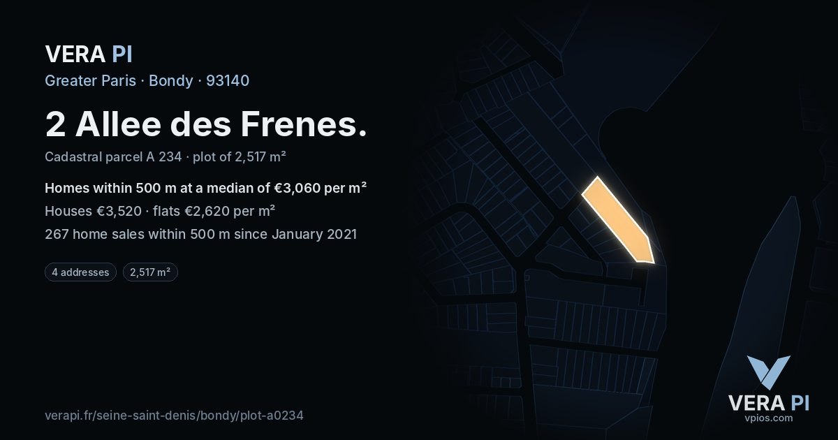 2 Allee des Frenes, Bondy at night – the plot lit, the parcels around coloured by the prices near them