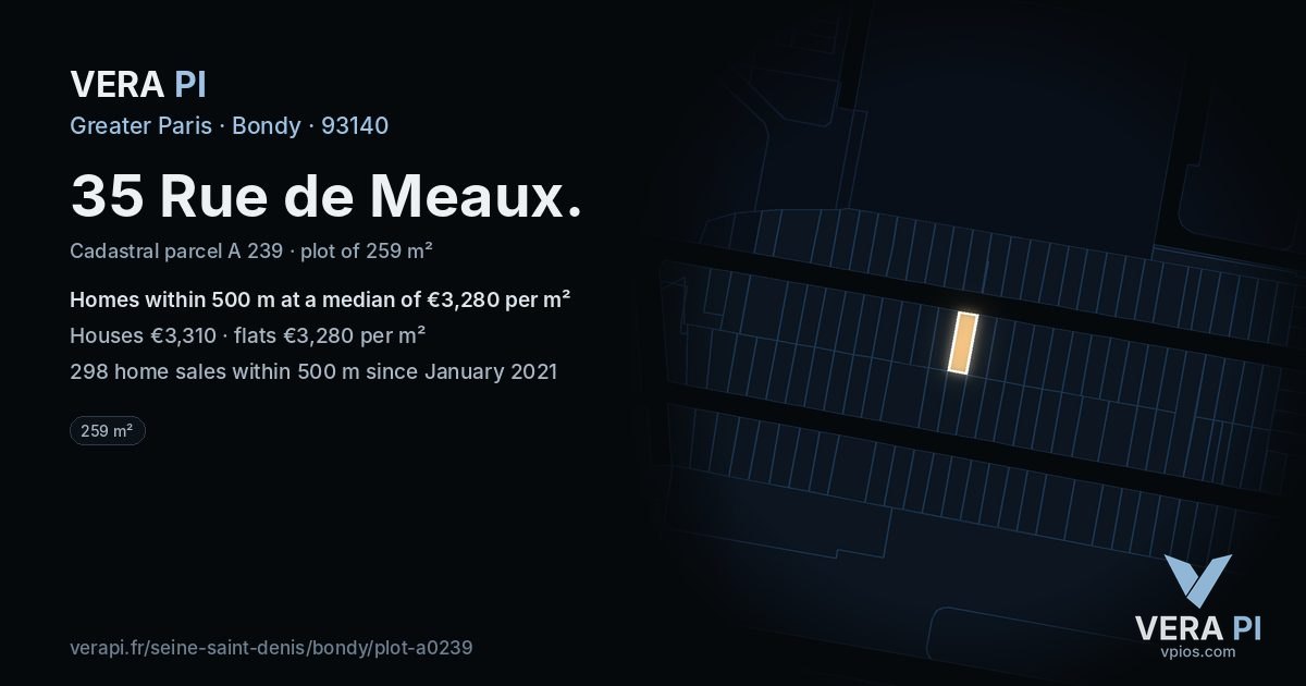 35 Rue de Meaux, Bondy at night – the plot lit, the parcels around coloured by the prices near them