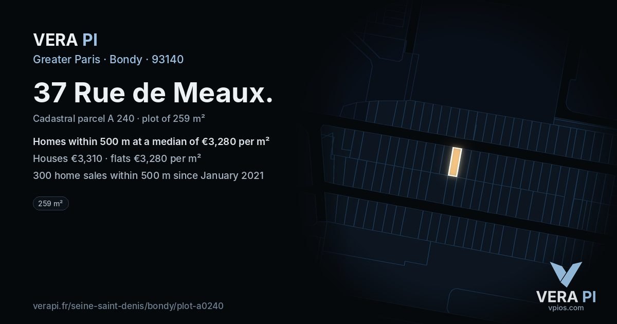 37 Rue de Meaux, Bondy at night – the plot lit, the parcels around coloured by the prices near them