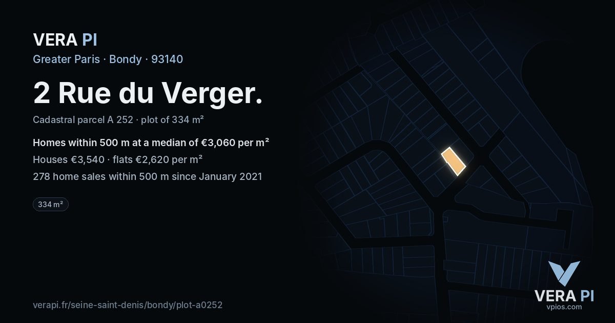 2 Rue du Verger, Bondy at night – the plot lit, the parcels around coloured by the prices near them