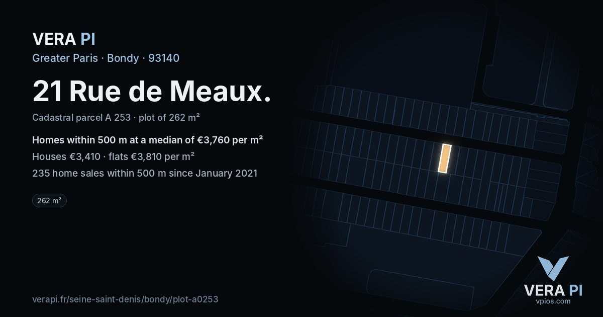 21 Rue de Meaux, Bondy at night – the plot lit, the parcels around coloured by the prices near them