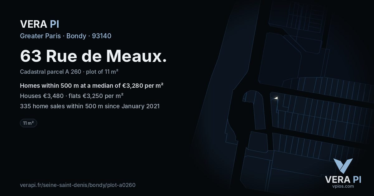 63 Rue de Meaux, Bondy at night – the plot lit, the parcels around coloured by the prices near them