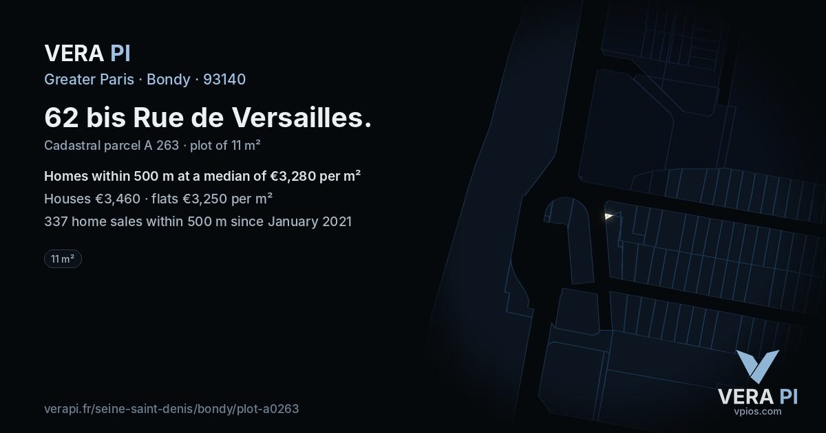 62 bis Rue de Versailles, Bondy at night – the plot lit, the parcels around coloured by the prices near them
