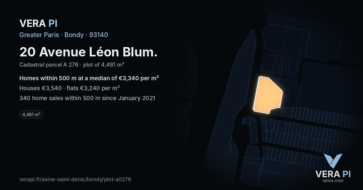 20 Avenue Léon Blum, Bondy at night – the plot lit, the parcels around coloured by the prices near them
