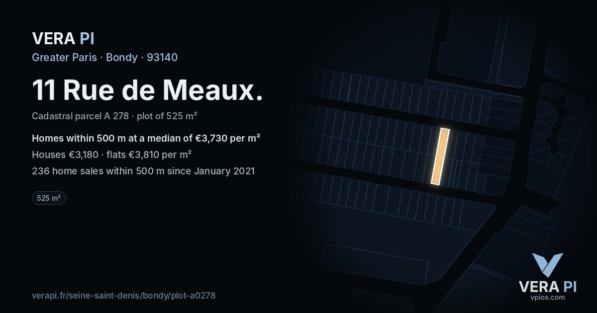 11 Rue de Meaux, Bondy at night – the plot lit, the parcels around coloured by the prices near them