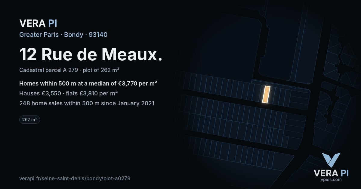12 Rue de Meaux, Bondy at night – the plot lit, the parcels around coloured by the prices near them