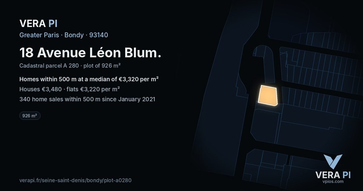 18 Avenue Léon Blum, Bondy at night – the plot lit, the parcels around coloured by the prices near them