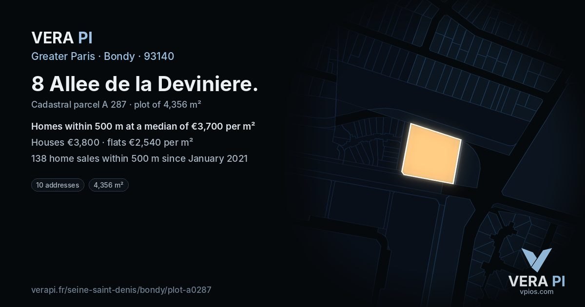 8 Allee de la Deviniere, Bondy at night – the plot lit, the parcels around coloured by the prices near them
