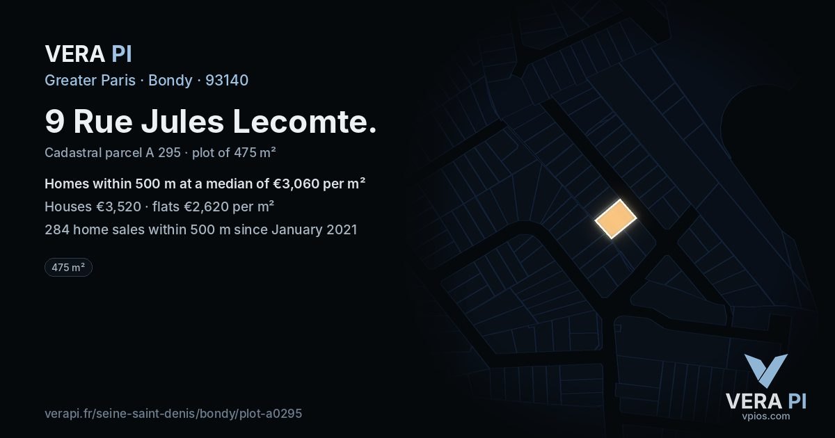 9 Rue Jules Lecomte, Bondy at night – the plot lit, the parcels around coloured by the prices near them