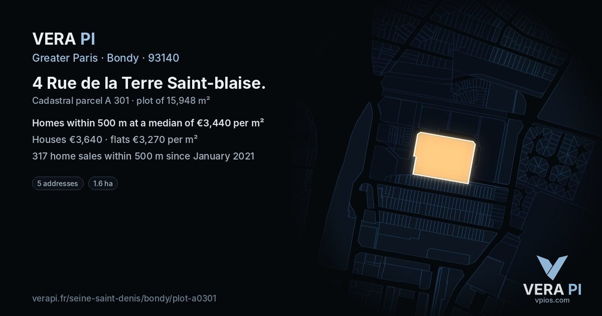 4 Rue de la Terre Saint-blaise, Bondy at night – the plot lit, the parcels around coloured by the prices near them