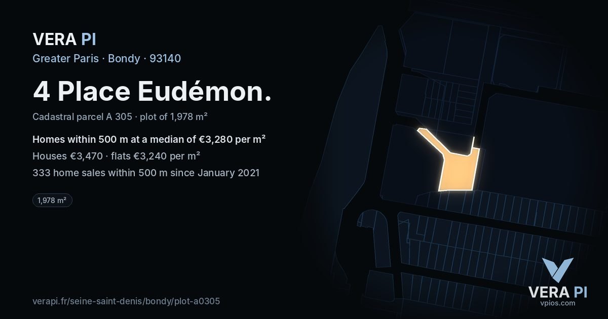4 Place Eudémon, Bondy at night – the plot lit, the parcels around coloured by the prices near them